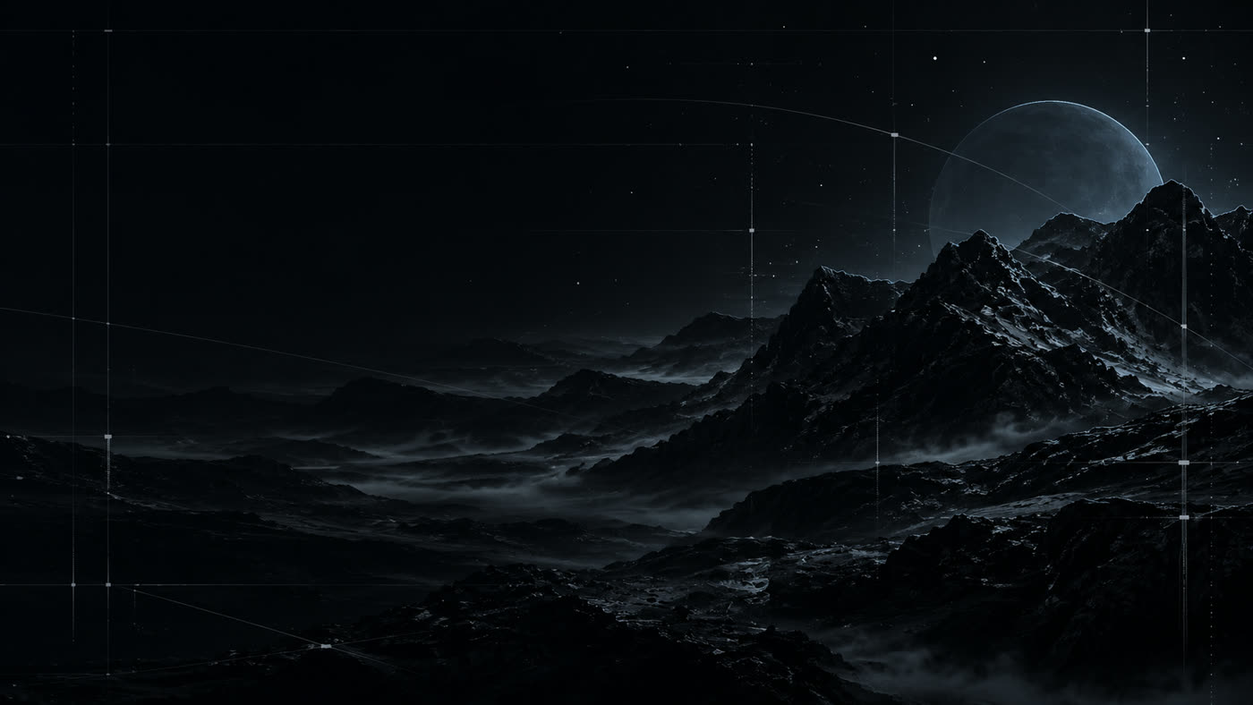 Snow peaks under a large moon